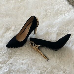 Ornate black and gold suede 5” heels size 7.5